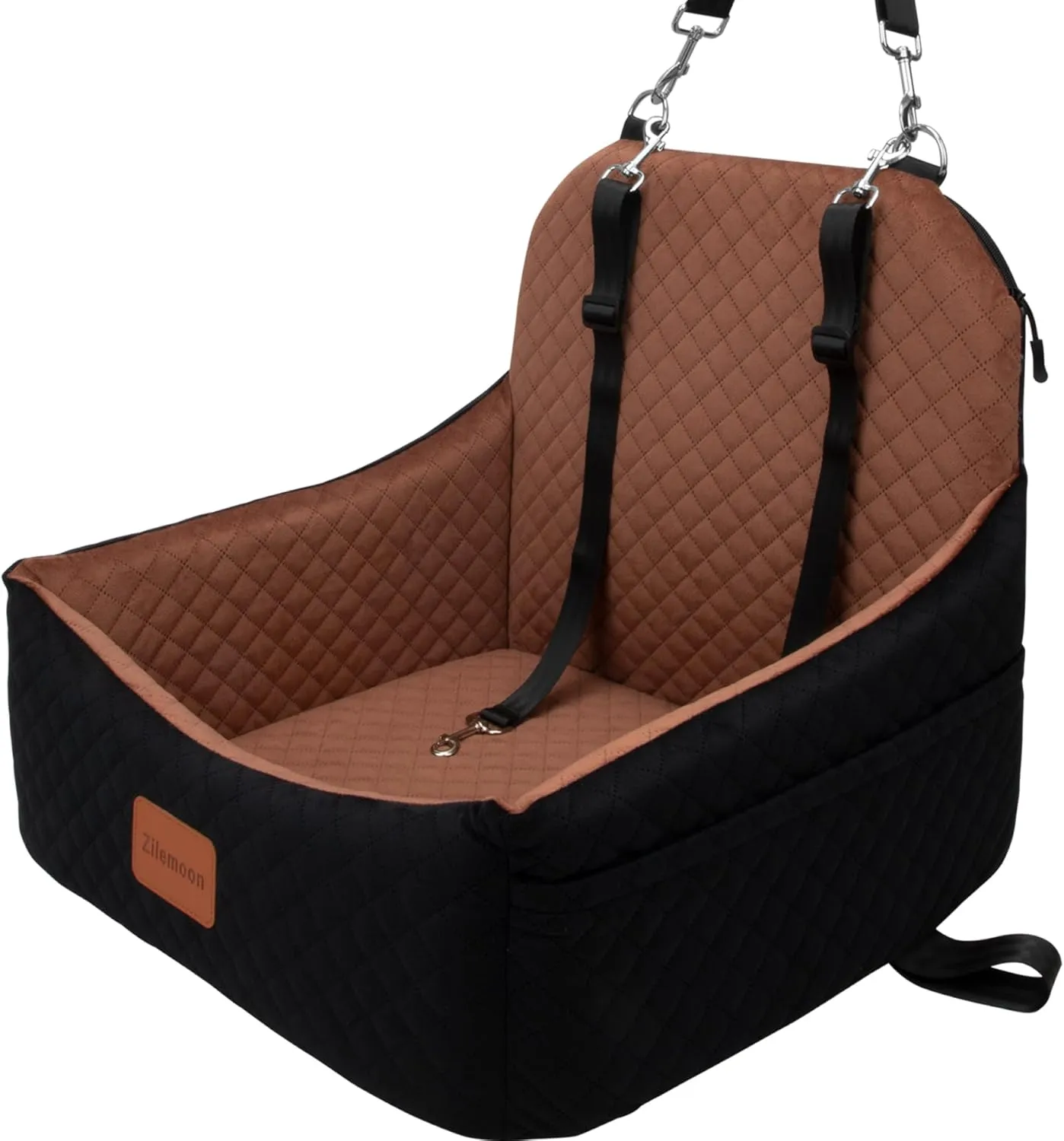 S1 Dog Car Booster Seat with 2 Safety Leashes, for Small Medium Dogs 0-28lbs, Pet Travel Safety Bed with Storage Pockets, Fully Detachable and Easy to Install (Black Outside, Brown Inside)