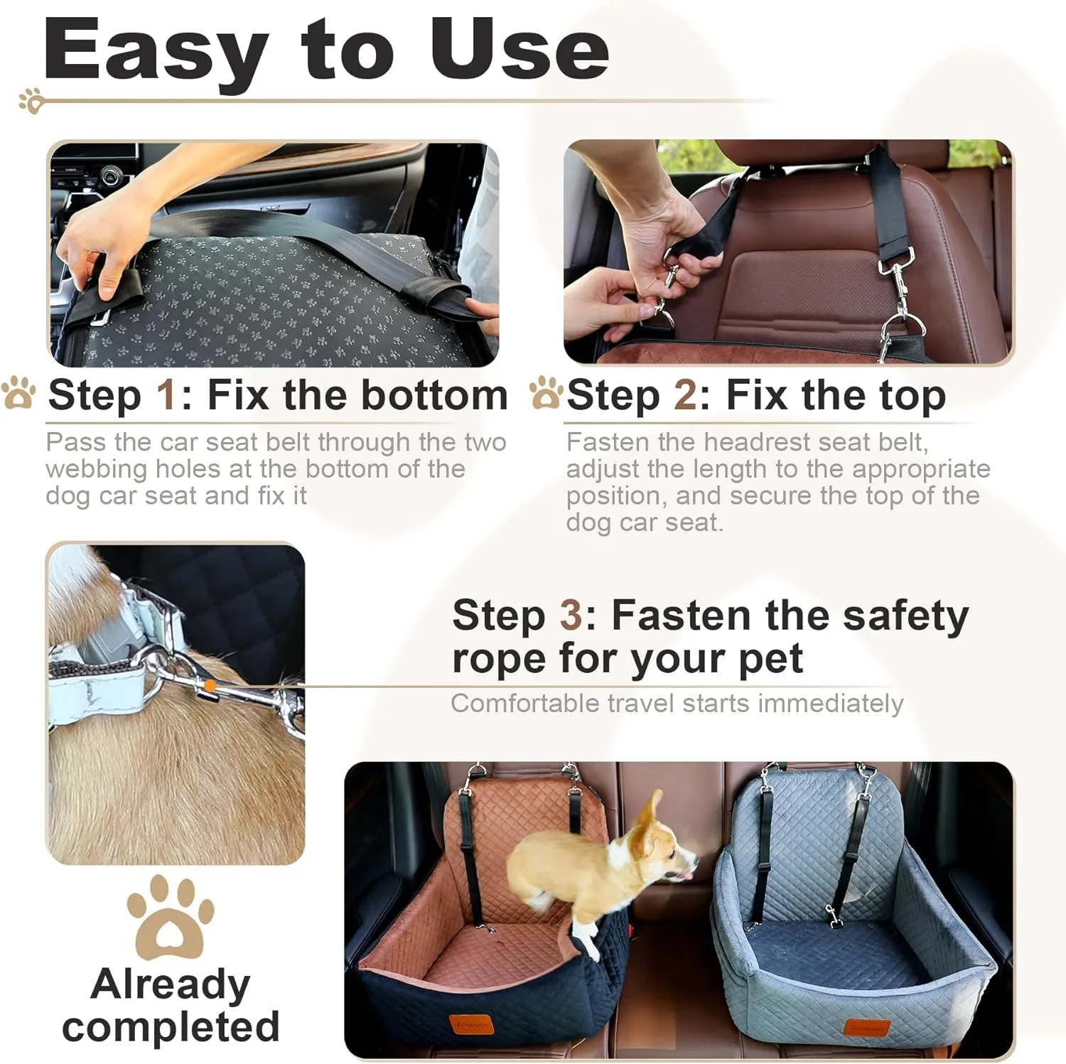 S1 Dog Car Booster Seat with 2 Safety Leashes, for Small Medium Dogs 0-28lbs, Pet Travel Safety Bed with Storage Pockets, Fully Detachable and Easy to Install (Black Outside, Brown Inside)