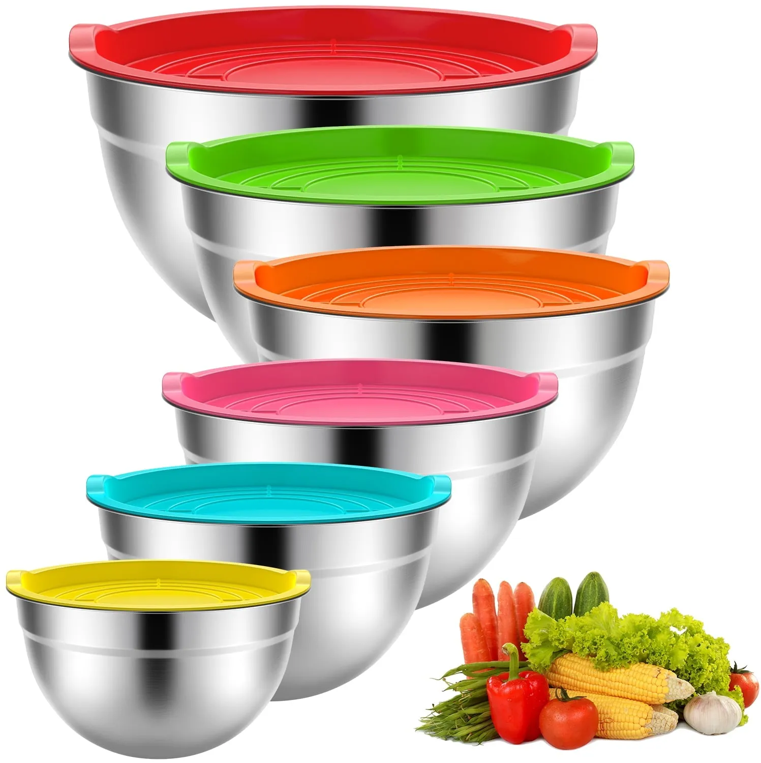 Stainless Steel Mixing Bowls Set - 7 Piece Metal Nesting Bowls for Kitchen - Various Sizes - Multi-Color