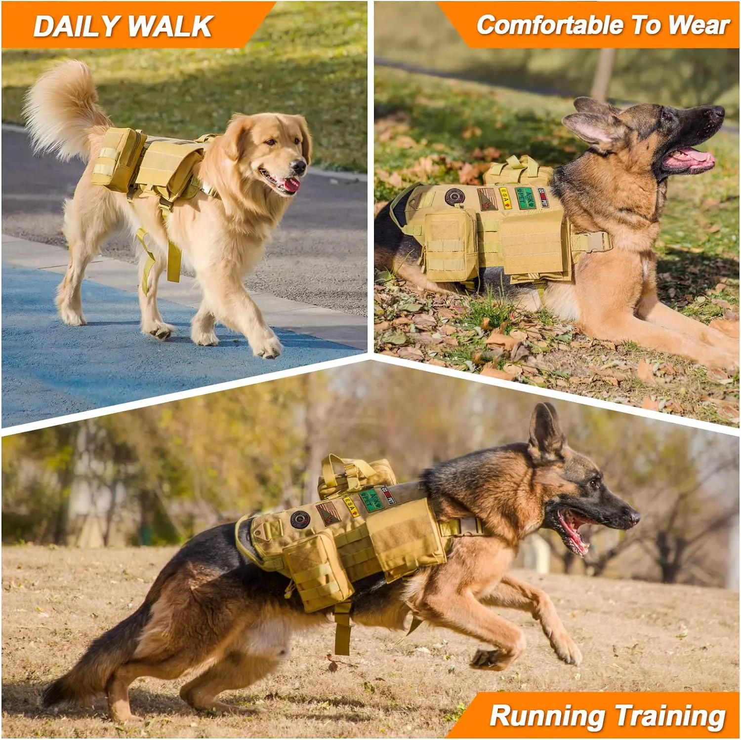 Tactical Dog Harness with Pouches,Dog Vest Harness for Large Medium Dogs No-Pull Adjustable Military Dog Harness with Handle Walking Hiking Training (Black, L)