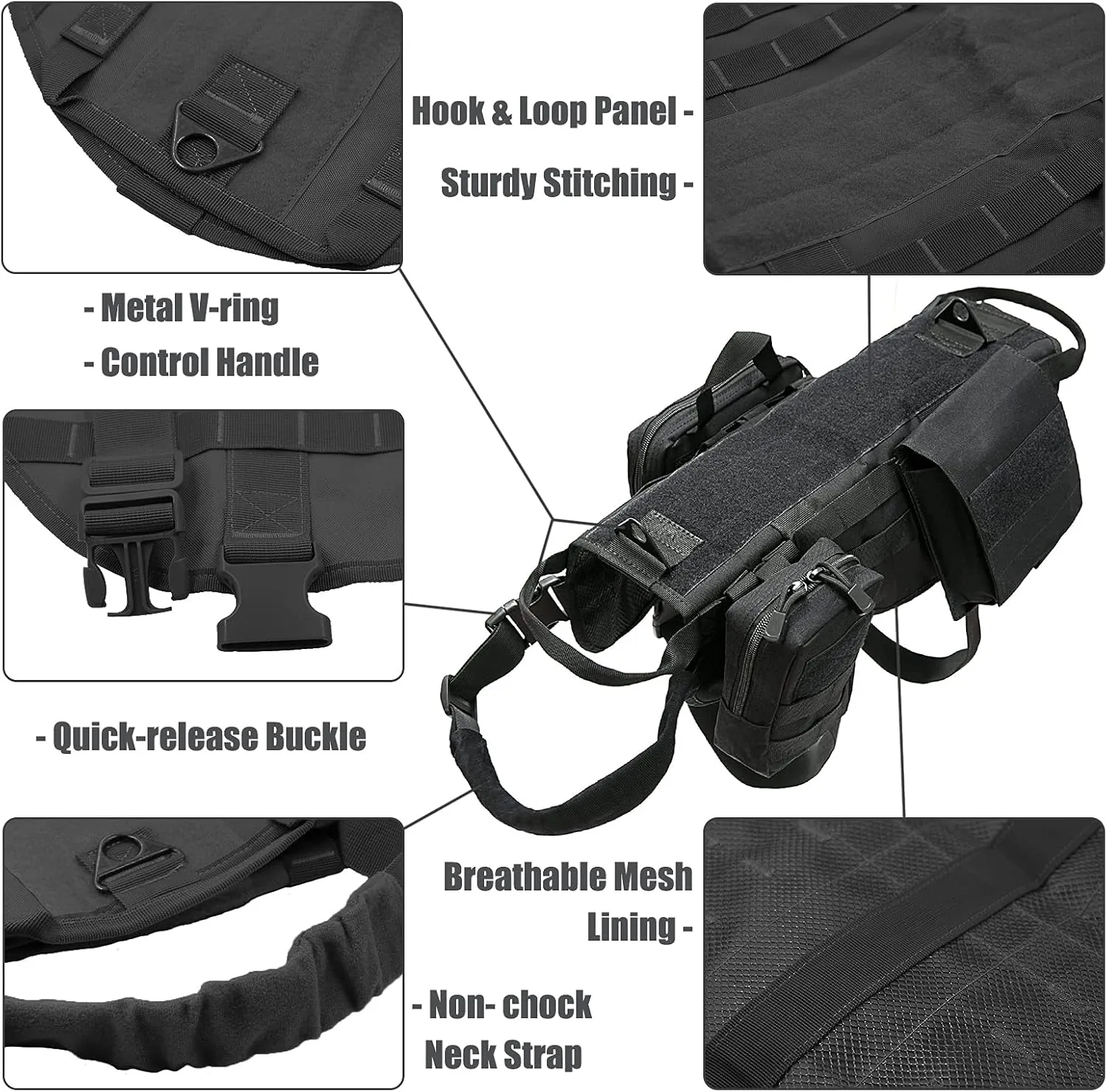 Tactical Dog Harness with Pouches,Dog Vest Harness for Large Medium Dogs No-Pull Adjustable Military Dog Harness with Handle Walking Hiking Training (Black, L)