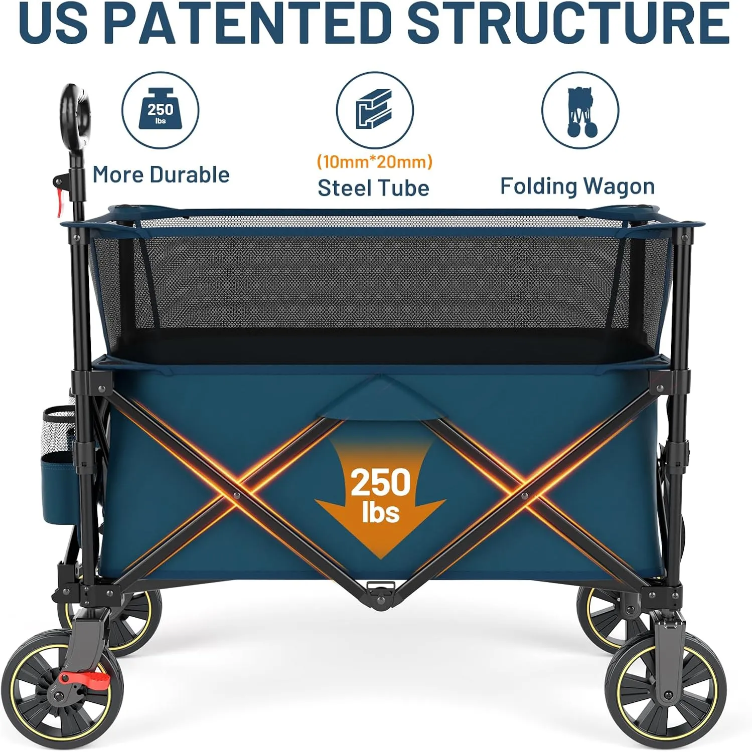 TIMBER RIDGE 350L Extra Large Collapsible Folding Wagon Carts with Brake, Heavy Duty Outdoor Camping Utility Wagons with Extended Height, Adjustable Handle, Cup Holders, Side Bag(Blue)