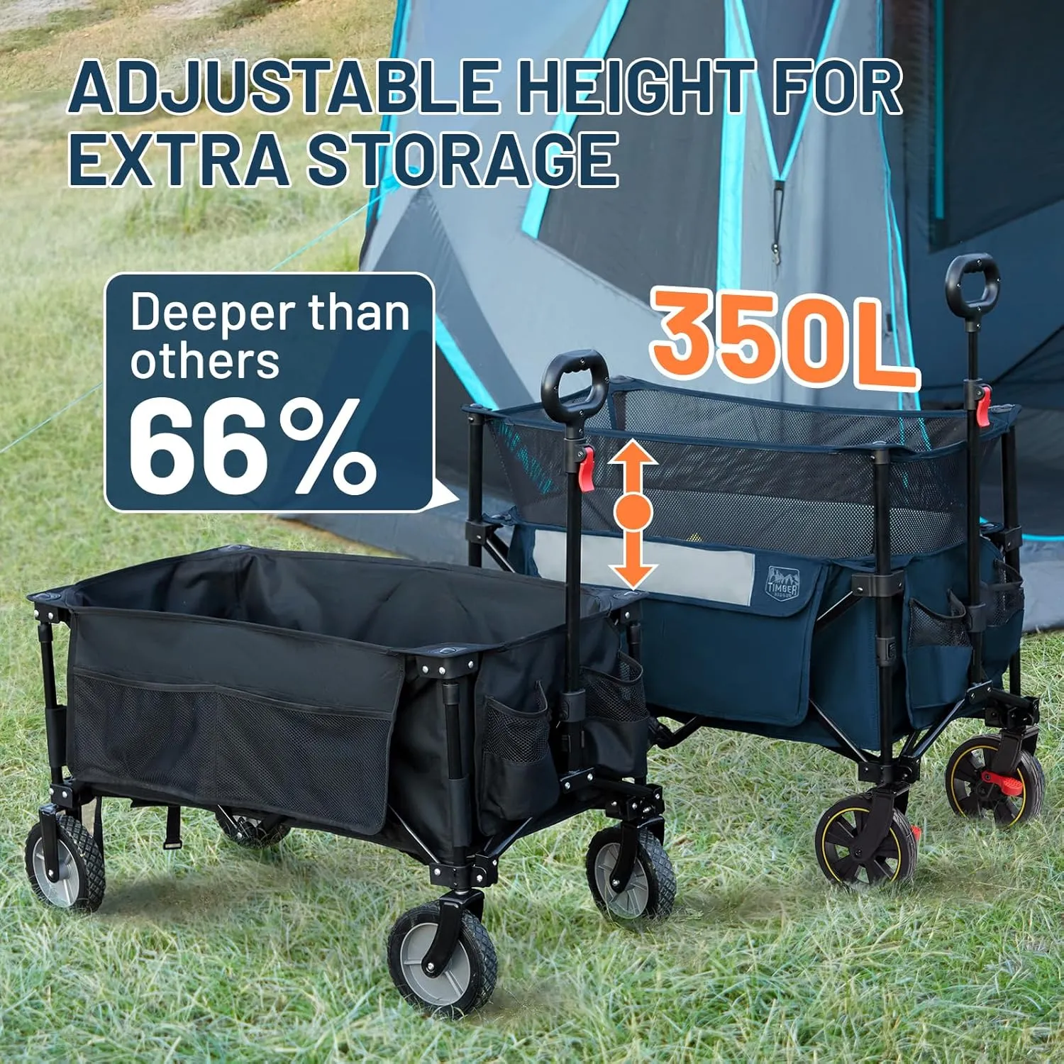 TIMBER RIDGE 350L Extra Large Collapsible Folding Wagon Carts with Brake, Heavy Duty Outdoor Camping Utility Wagons with Extended Height, Adjustable Handle, Cup Holders, Side Bag(Blue)