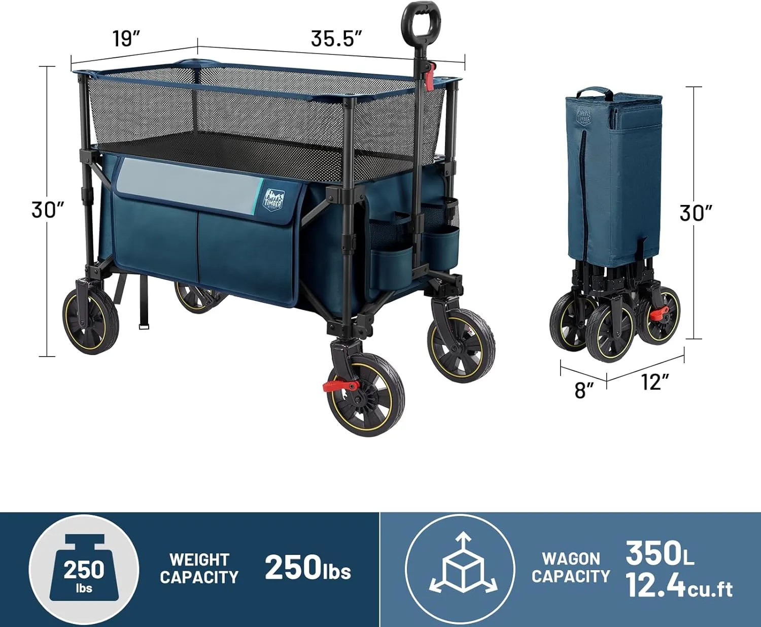 TIMBER RIDGE 350L Extra Large Collapsible Folding Wagon Carts with Brake, Heavy Duty Outdoor Camping Utility Wagons with Extended Height, Adjustable Handle, Cup Holders, Side Bag(Blue)