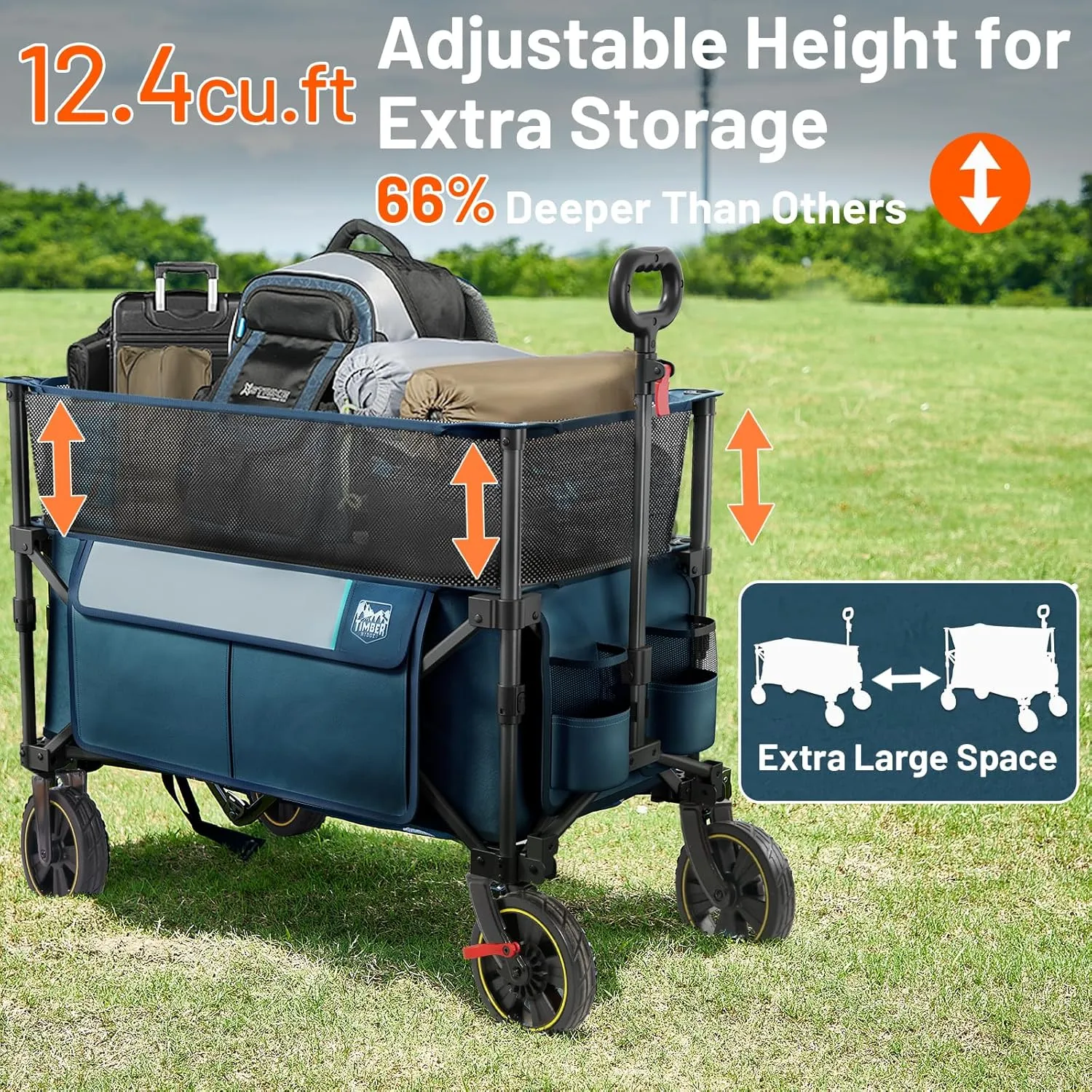 TIMBER RIDGE 350L Extra Large Collapsible Folding Wagon Carts with Brake, Heavy Duty Outdoor Camping Utility Wagons with Extended Height, Adjustable Handle, Cup Holders, Side Bag(Blue)