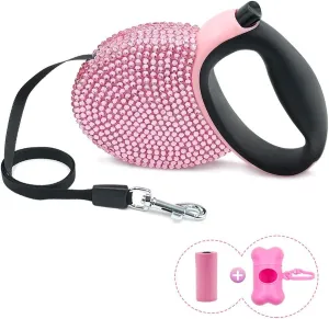 Triumilynn Rhinestone Retractable Dog Leash Bling 10ft, Cat Walking Leash Pink for Small Breed, Gift Waste Bags Dispenser Included, 360 Tangle-Free