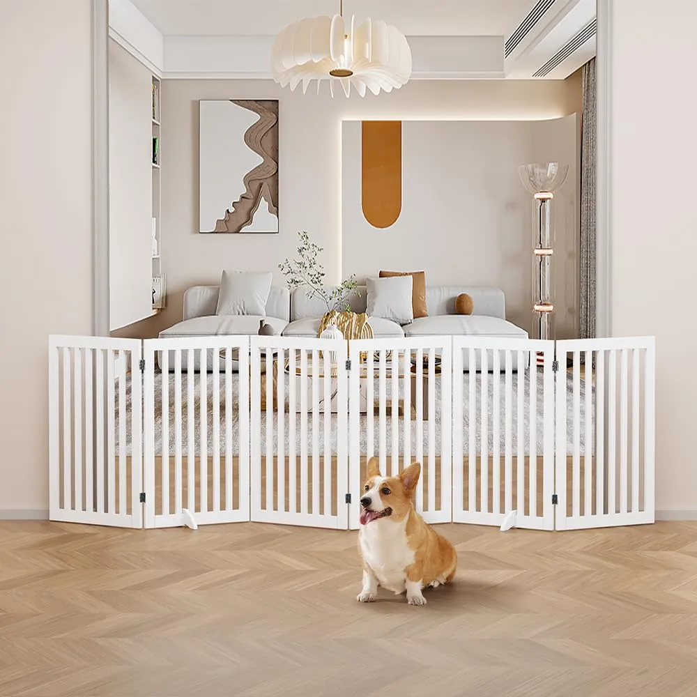 unipaws 120" Extra Wide Pet Gate, Free Standing Dog Gate for Doorways, Stairs, Foldable Gate & Room Divider, Wooden Puppy Playpen, Expandable Barrier for The House, Indoor Use (36" H, White)