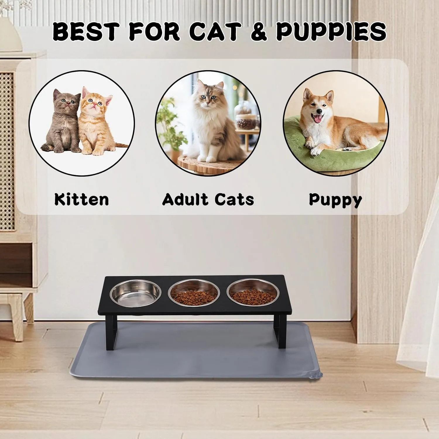 Upgraded Elevated Cat Bowls with Food Mat,15Tilted Stand Anti Vomiting Raised Cat Dishes for Food and Water,3 Stainless Steel Bowls for Cats and PuppyBlack