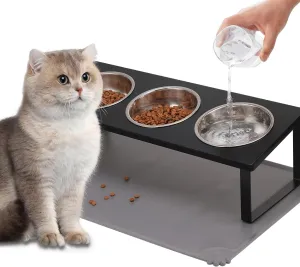 Upgraded Elevated Cat Bowls with Food Mat,15Tilted Stand Anti Vomiting Raised Cat Dishes for Food and Water,3 Stainless Steel Bowls for Cats and PuppyBlack
