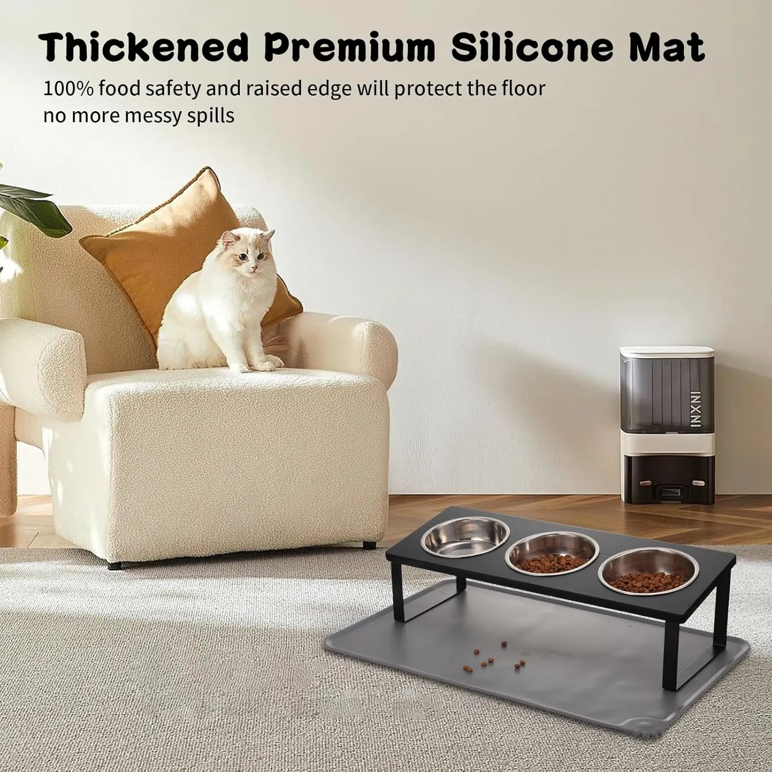 Upgraded Elevated Cat Bowls with Food Mat,15Tilted Stand Anti Vomiting Raised Cat Dishes for Food and Water,3 Stainless Steel Bowls for Cats and PuppyBlack