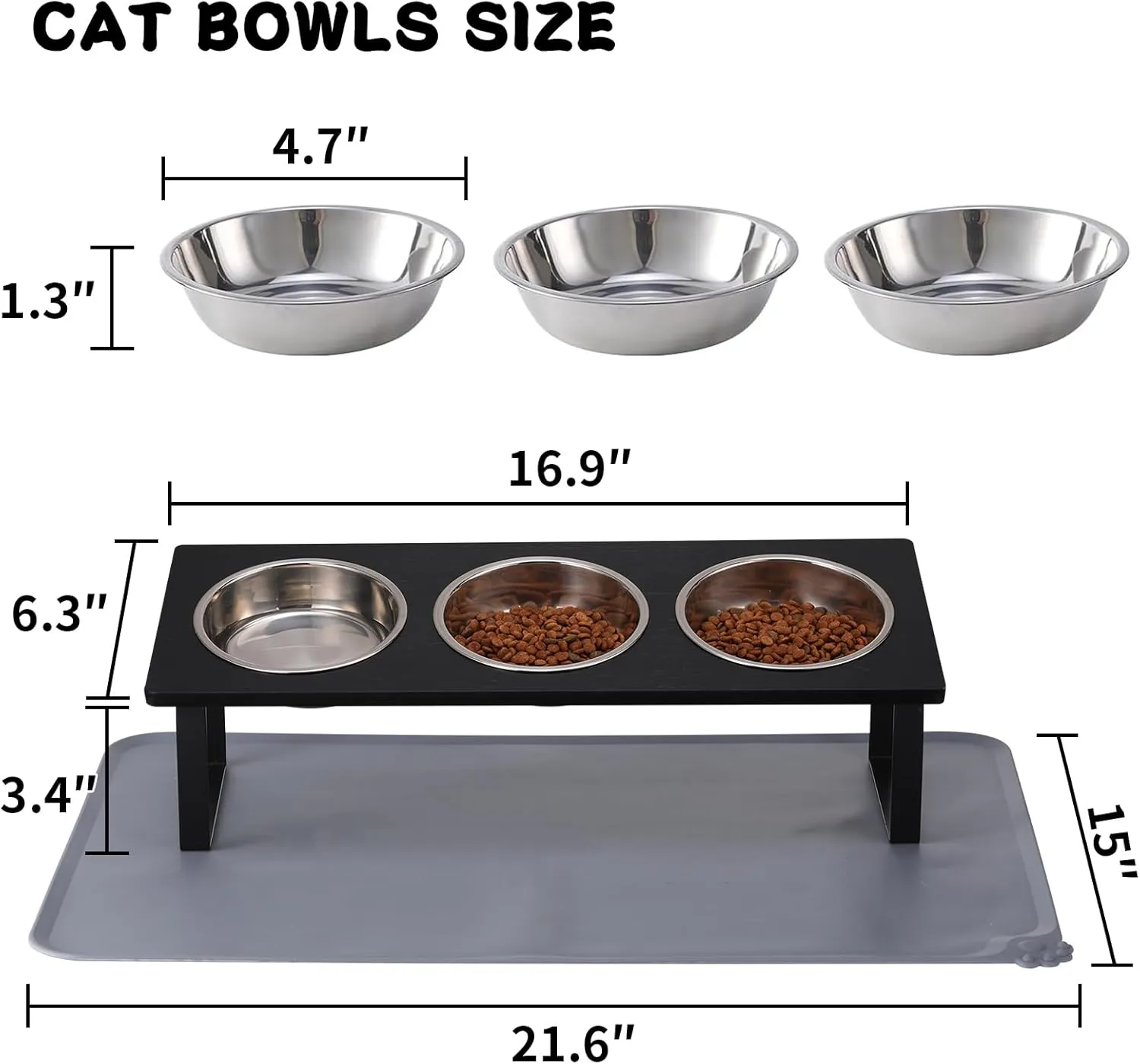Upgraded Elevated Cat Bowls with Food Mat,15Tilted Stand Anti Vomiting Raised Cat Dishes for Food and Water,3 Stainless Steel Bowls for Cats and PuppyBlack