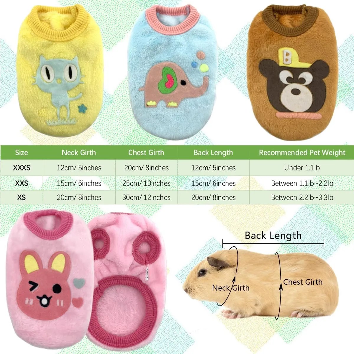 Vehomy 4Pcs Rabbit Bunny Clothes Guinea Pig Clothes Costume Small Pet Cozy Fleece Vest Warm T-Shirt Sweater for Ferret Teacup Poodles Puppy Kitten and Other Small Animals 3XS