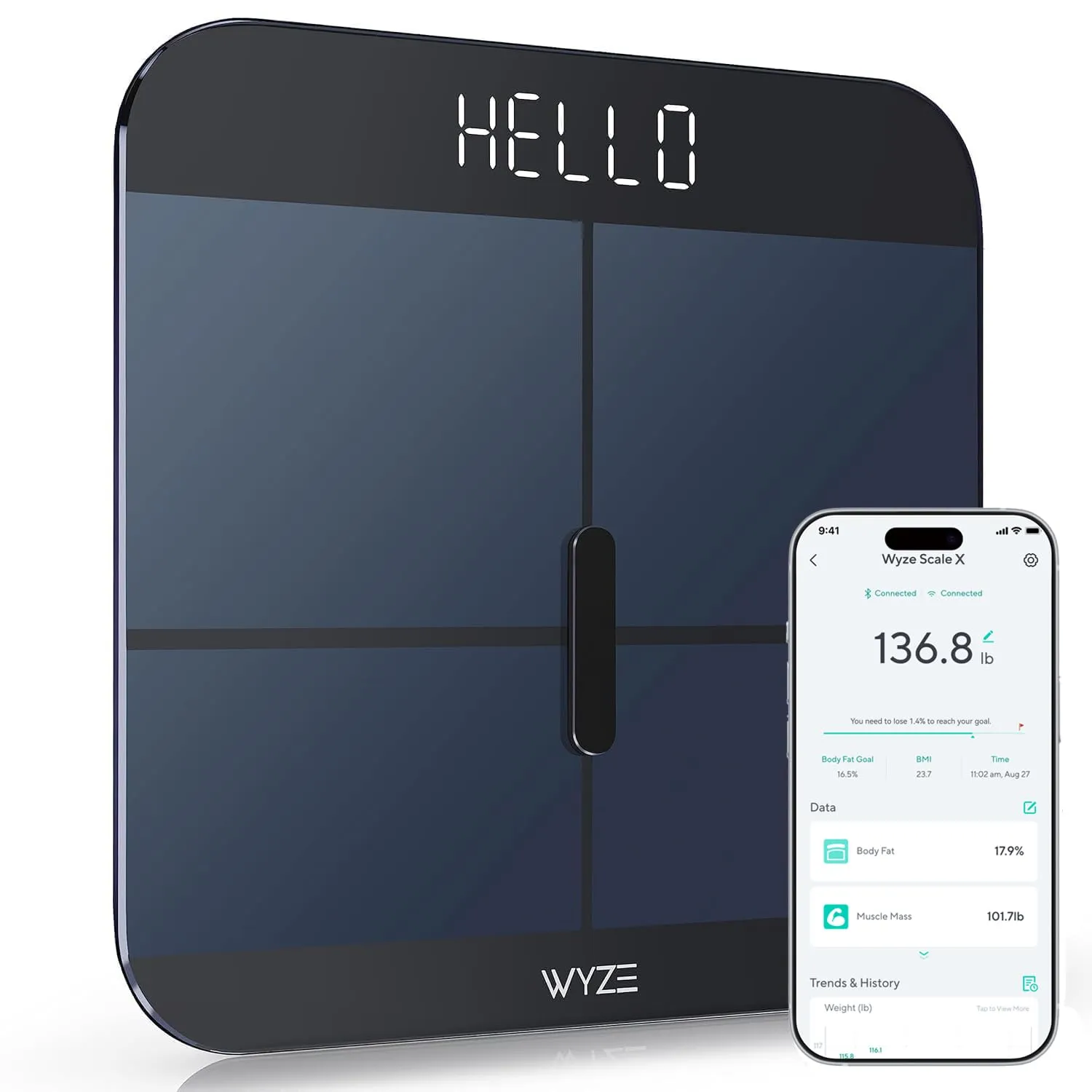 Wyze Smart Scale X - FSA/HSA Eligible - Digital Bathroom Scale for Body Weight, BMI, Body Fat, Muscle Mass, Heart Rate Monitor | Sync with Health Apps | for People, Baby & Pet, 400 lbs (Black)